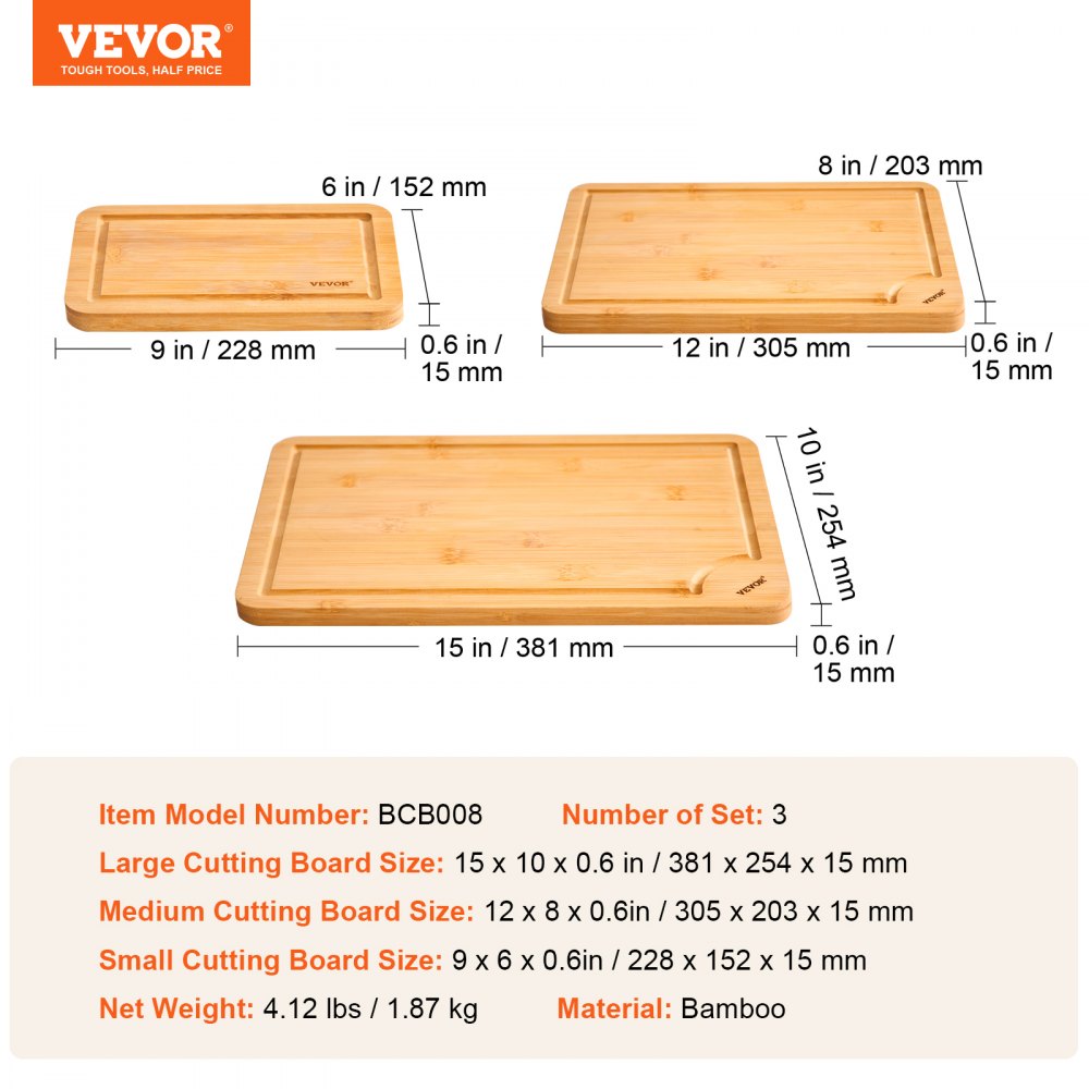 VEVOR Cutting Board, 3 Pieces, Premium Versatile Bamboo Cutting Board with Food-Grade Oil and Juice Groove,Sturdy & Durable Chopping Board with Built-in Handle, Fit for Display, Chopping & Serving
