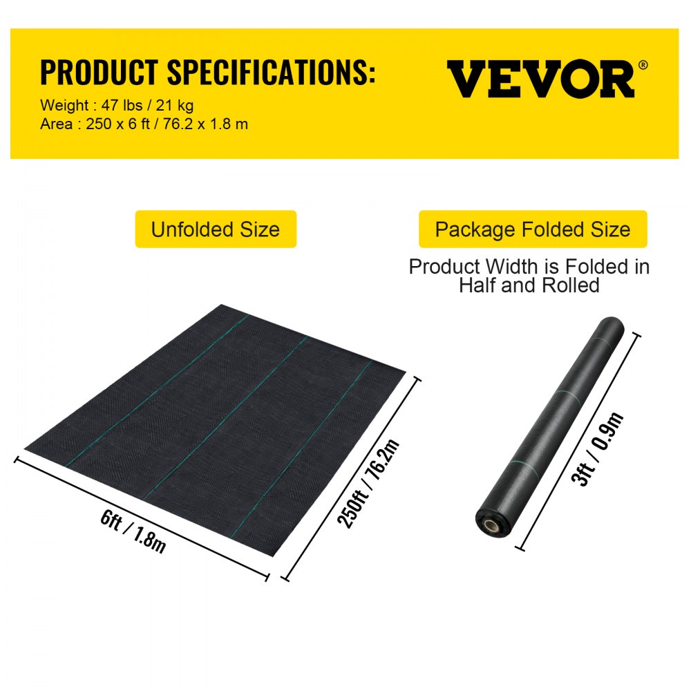 VEVOR Weed Barrier Landscape Fabric, 6 x 250 ft, 4.1 Oz Premium Woven Ground Cover, Heavy Duty PP Material & Easy Setup, Weed Control for Outdoor Garden, Lawn, Driveway, Black
