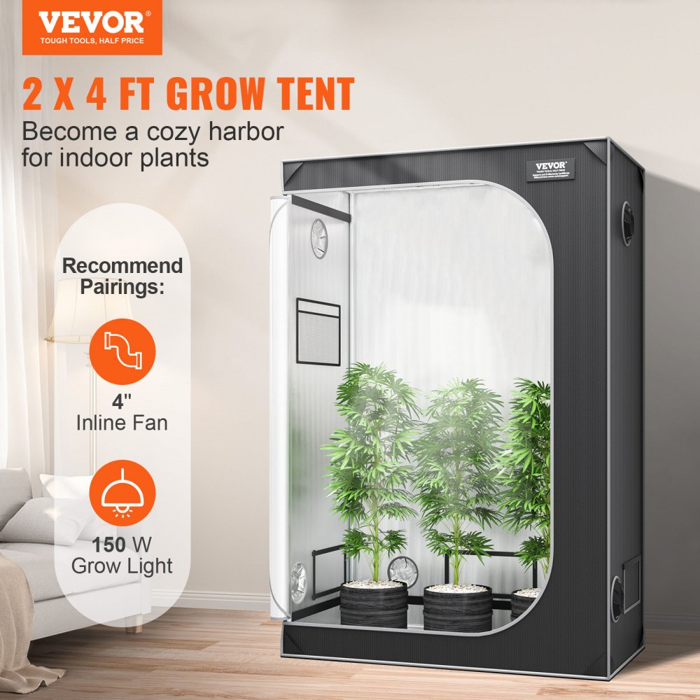 VEVOR 2x4 Grow Tent, 48'' x 24'' x 72'', High Reflective 2000D Mylar Hydroponic Growing Tent with Observation Window, Tool Bag and Floor Tray for Indoor Plants Growing
