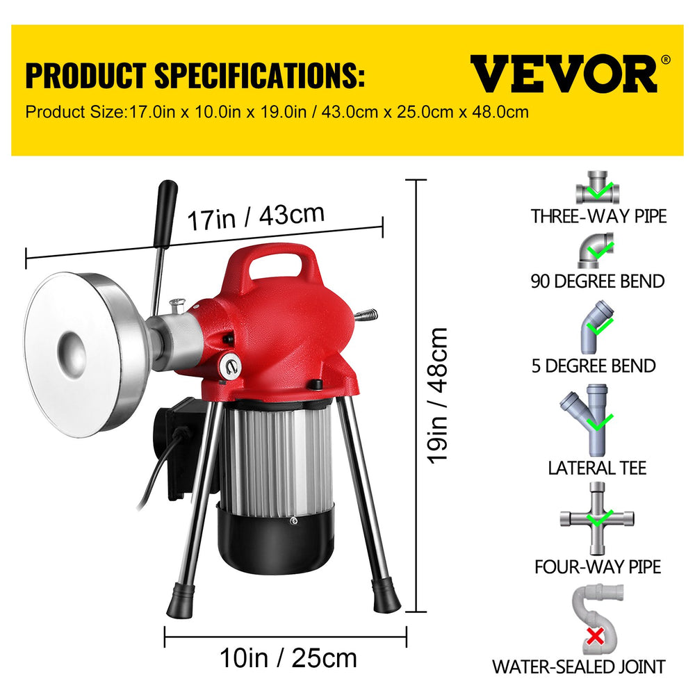 Vevor Drain Cleaning Machine 500W Sectional Cleaner 75' x 5/8" Spring Cable New