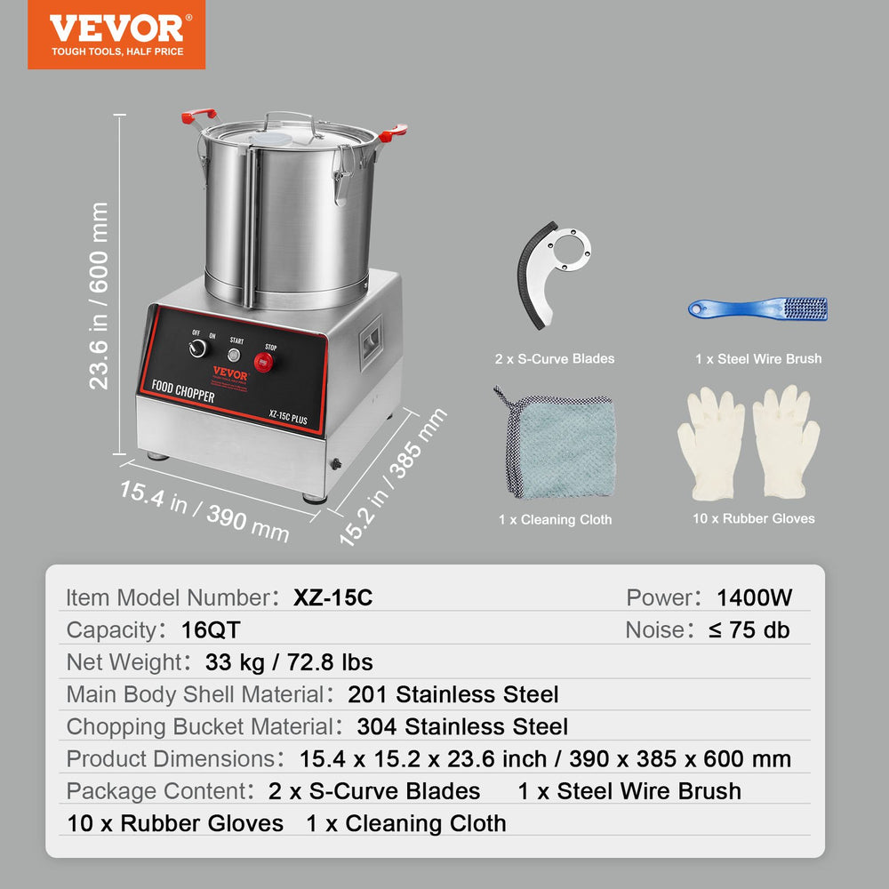 Vevor Food Processor and Vegetable Chopper 16 Quart Bowl 1400W New