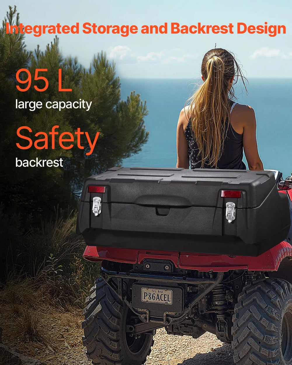 Vevor ATV Rear Cargo Storage Box 95L Waterproof with Backrest New