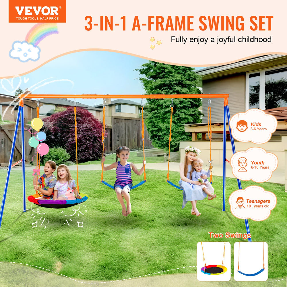 Vevor Swing Set for Backyard 1 Saucer 2 Belt Seats A-Frame Metal Stand New