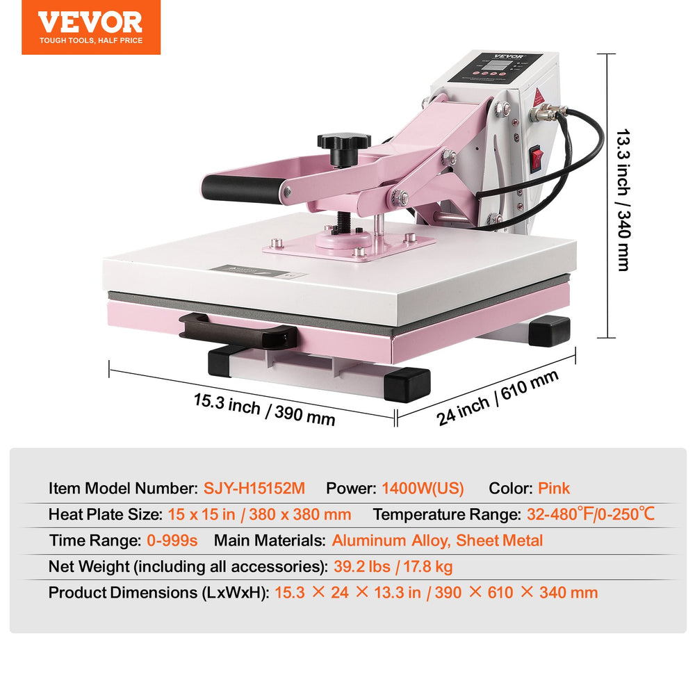 Vevor Heat Press Machine 15" x 15" with Slide Out Heat Transfer Plate New