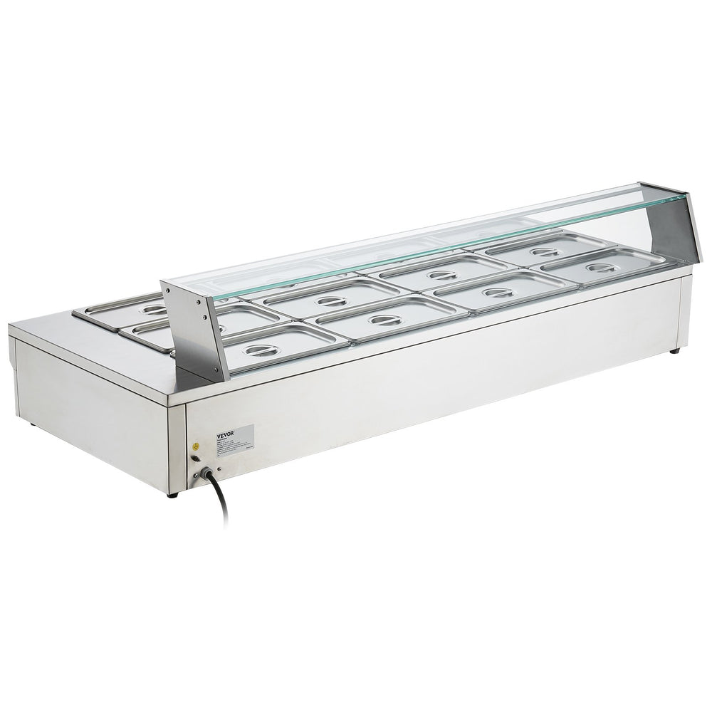 Vevor Food Warmer 12-Pan with Glass Shield 1800W Electric Steam Table 86°F-185°F Temperature New