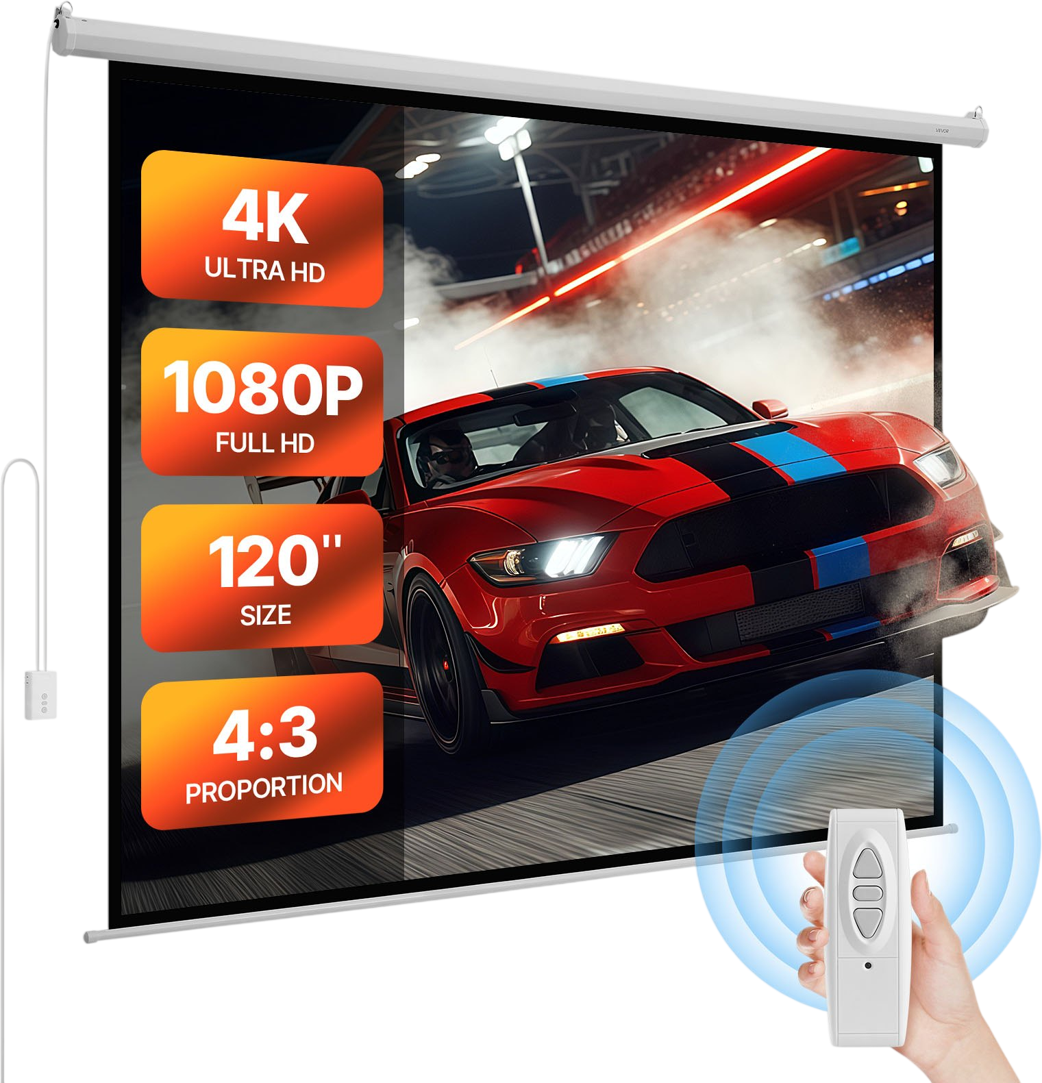 Vevor Motorized Projector Screen 120 in. 4:3 Scale 1080P HD with Remote Control New