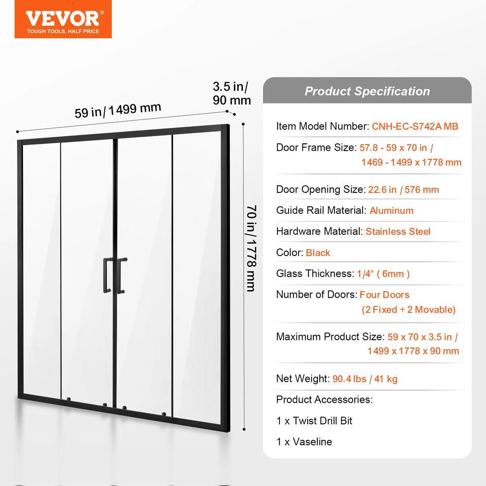 Vevor Shower Door Semi-Frameless 57.8-59  x 70 in. Double Sliding Tempered Glass Matte Black New