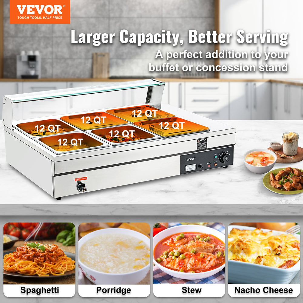 Vevor Food Warmer 6-Pan with Glass Shield 1500W Electric Steam Table 86°F-185°F Temperature New