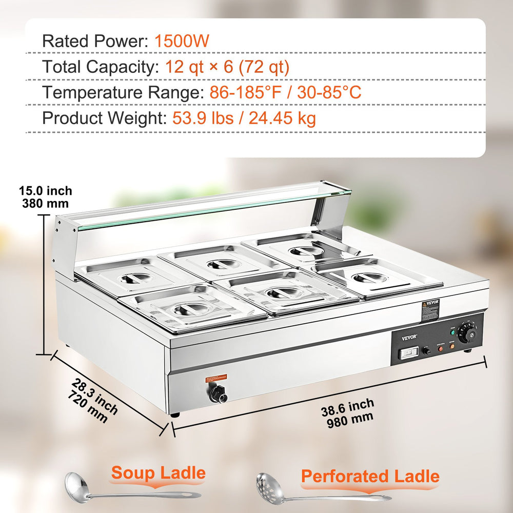 Vevor Food Warmer 6-Pan with Glass Shield 1500W Electric Steam Table 86°F-185°F Temperature New