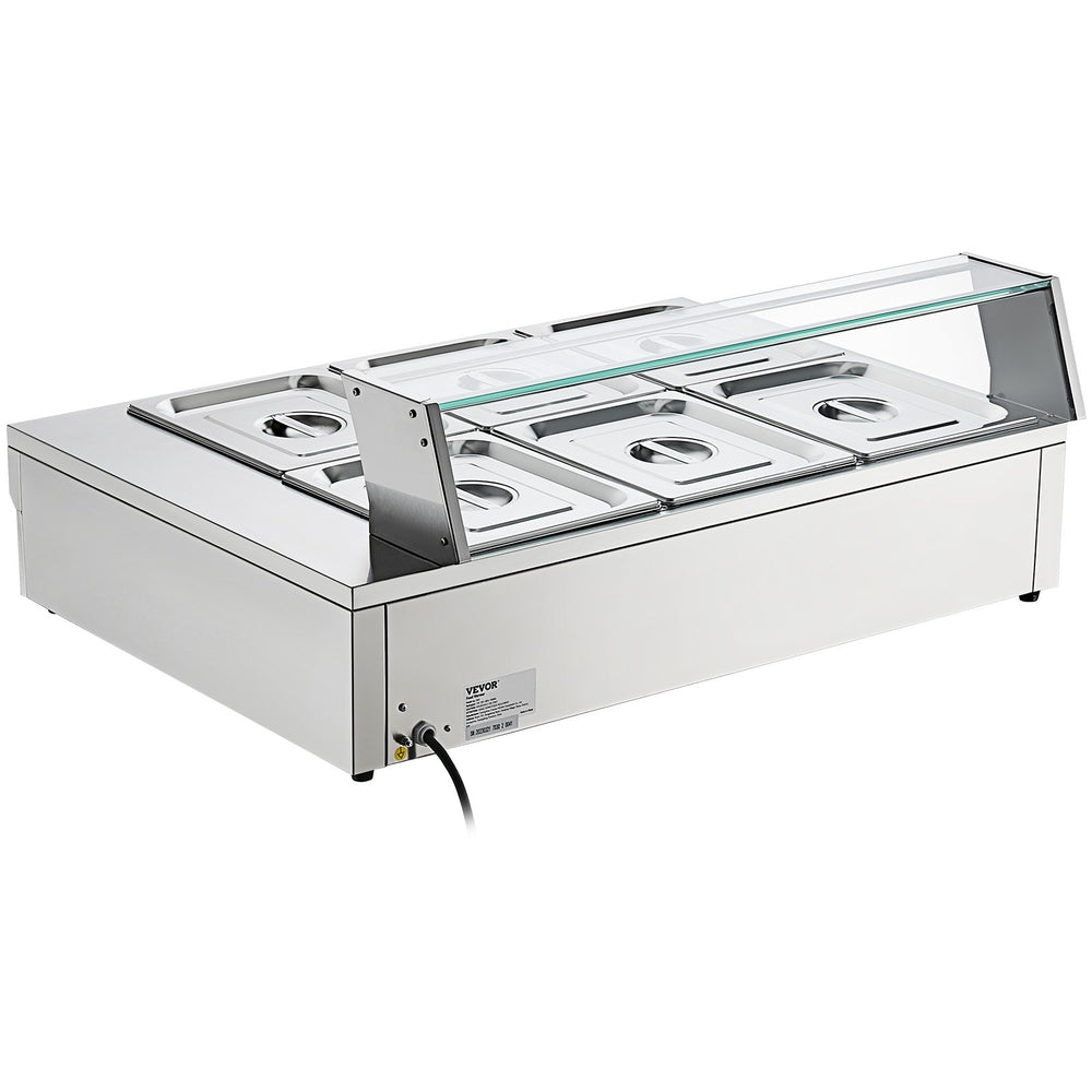 Vevor Food Warmer 6-Pan with Glass Shield 1500W Electric Steam Table 86°F-185°F Temperature New