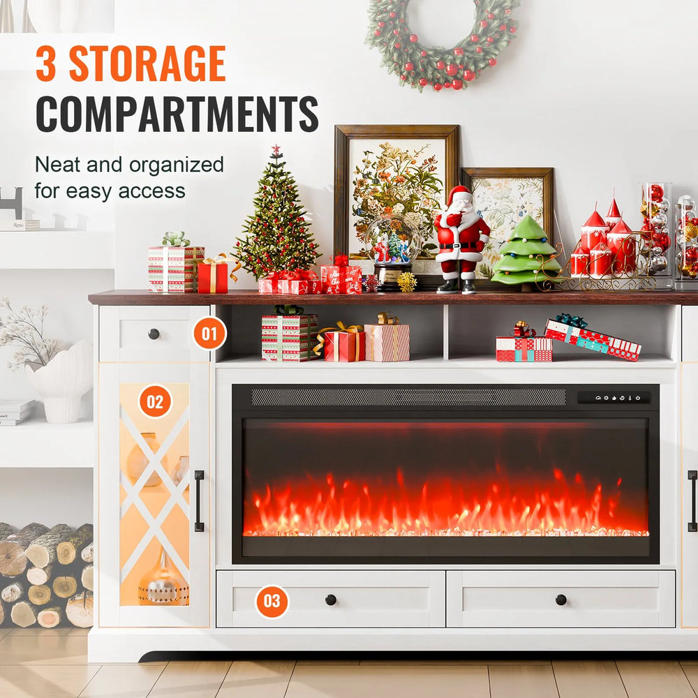 Vevor TV Stand 80" Cabinet with 42" Electric Fireplace 20 LED Lights Remote Control New