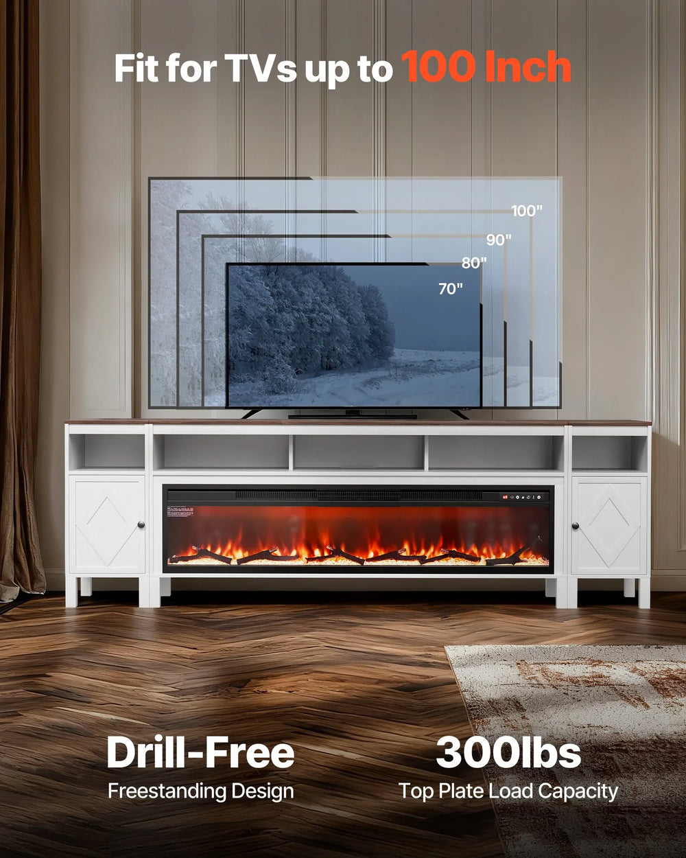 Vevor TV Stand with 60" Electric Fireplace and Storage Drawers Remote Control New