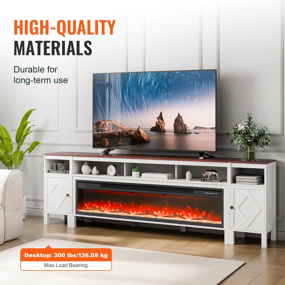 Vevor TV Stand 90" Cabinet with 60" Electric Fireplace 20 LED Lights Remote Control New