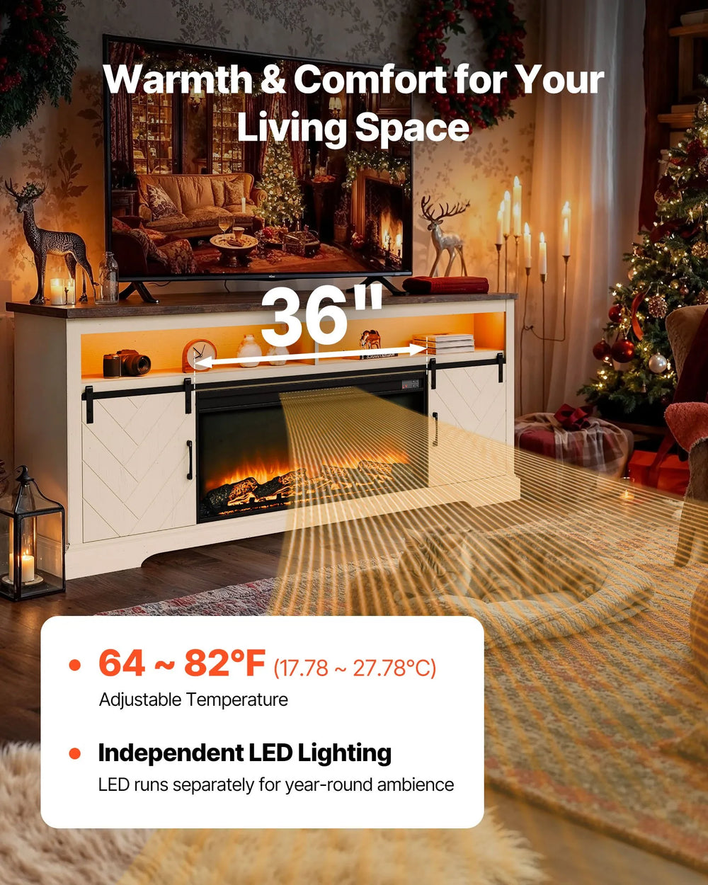 Vevor TV Stand with 36" Electric Fireplace LED Lights for TVs up to 80" New