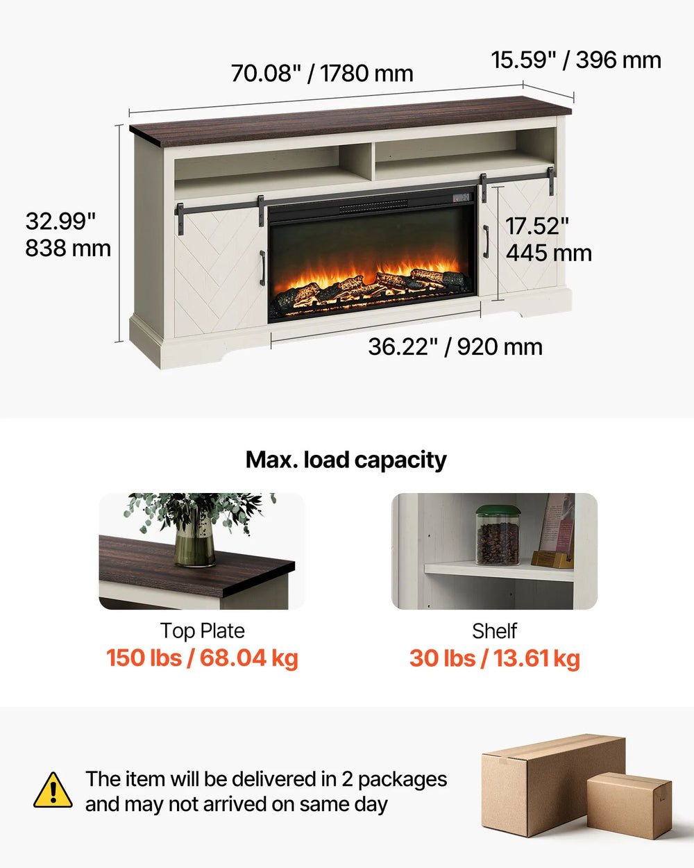 Vevor TV Stand with 36" Electric Fireplace LED Lights for TVs up to 80" New