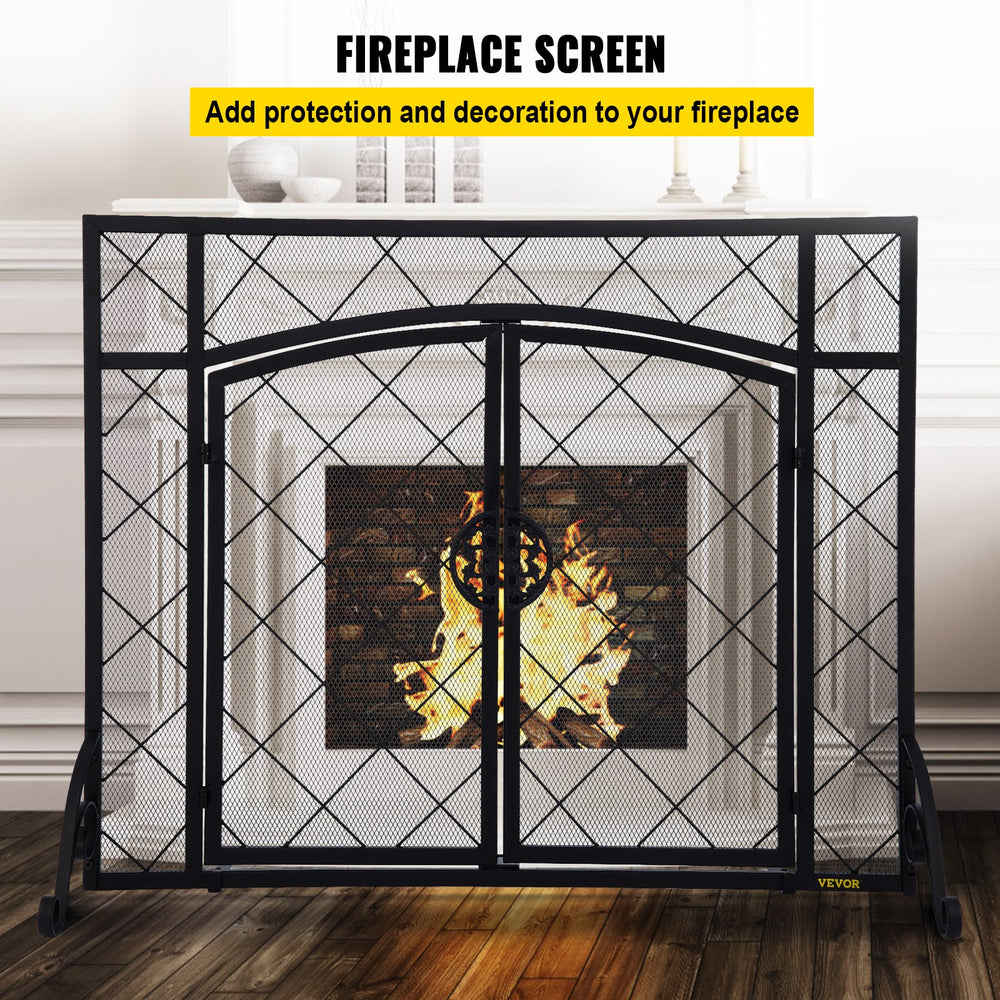 Vevor Fireplace Screen 44" x 33" Double Door Iron Freestanding Spark Guard with Accessories New