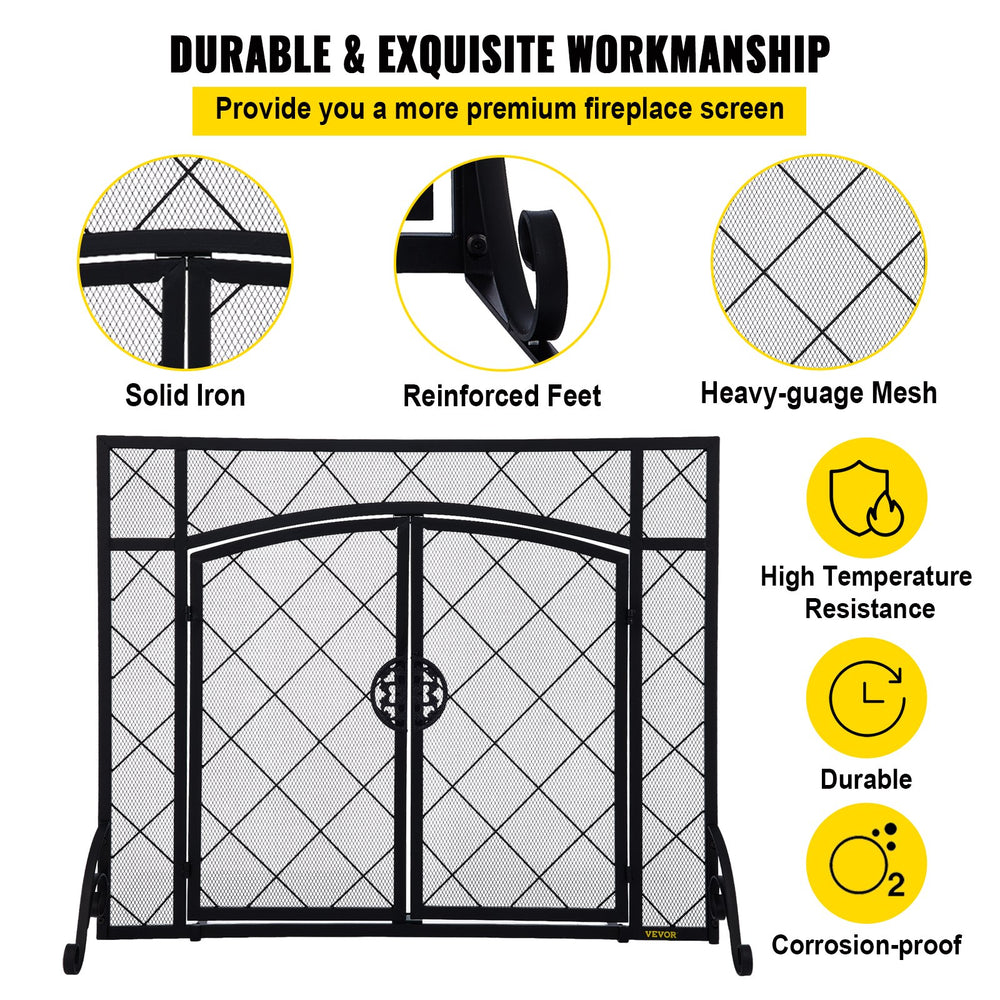 Vevor Fireplace Screen 44" x 33" Double Door Iron Freestanding Spark Guard with Accessories New