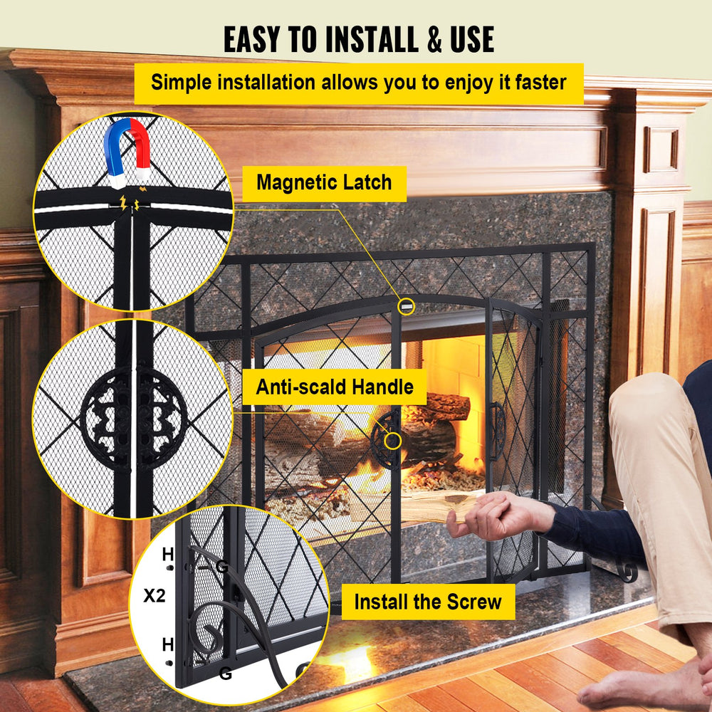 Vevor Fireplace Screen 44" x 33" Double Door Iron Freestanding Spark Guard with Accessories New