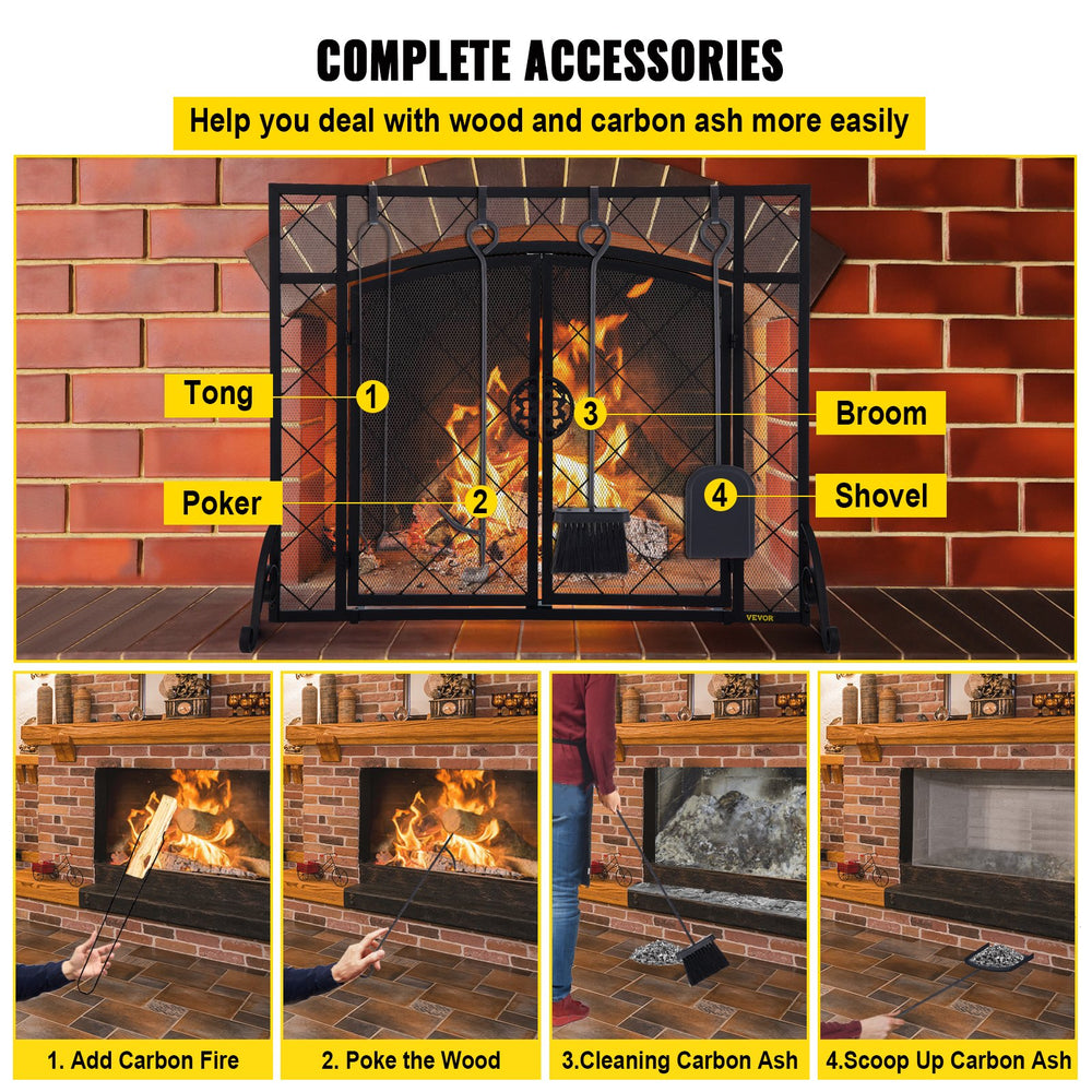 Vevor Fireplace Screen 44" x 33" Double Door Iron Freestanding Spark Guard with Accessories New