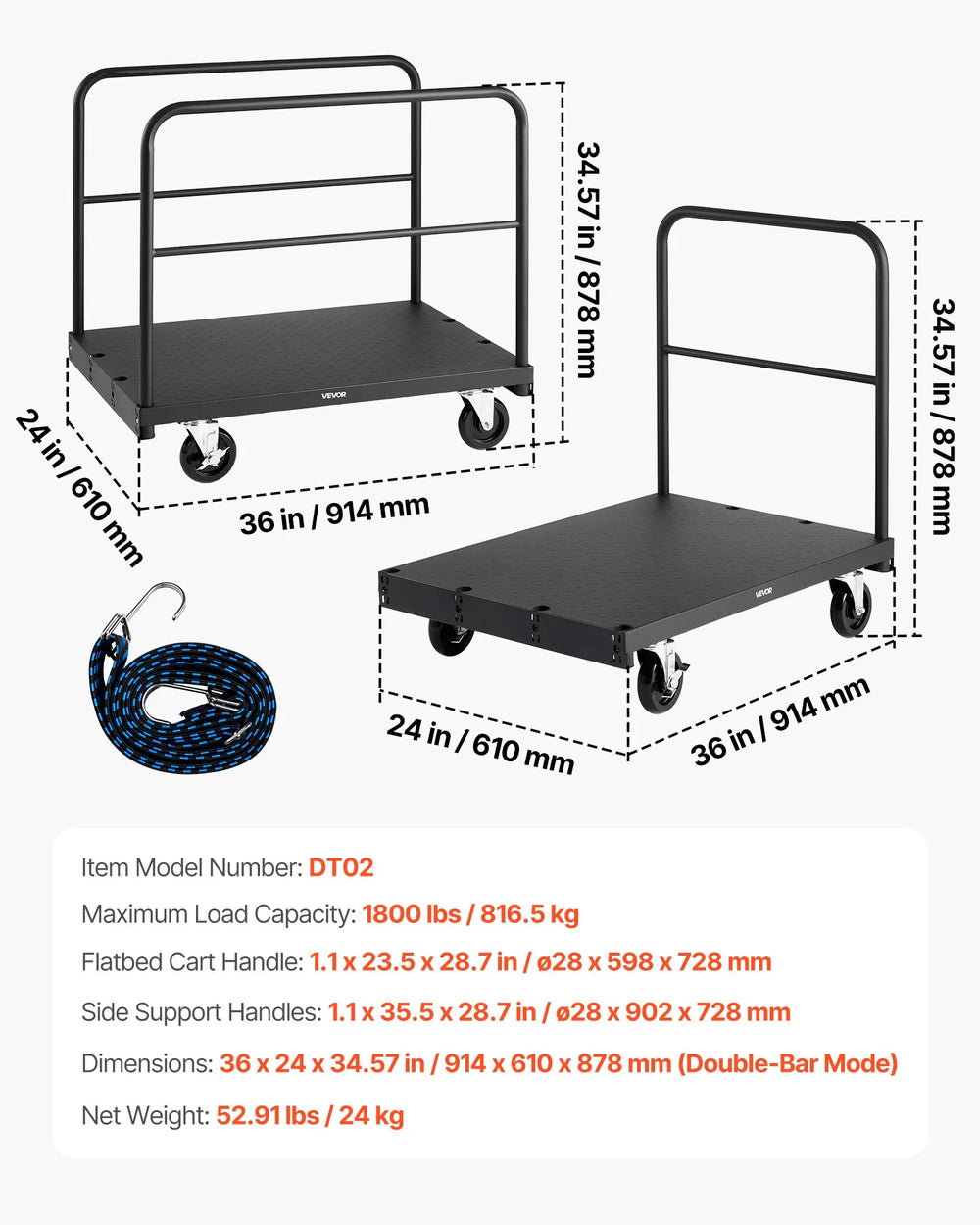 Vevor Drywall Cart Dolly 1800 lbs 2-in-1 Steel Panel Truck with 3 Handrails New