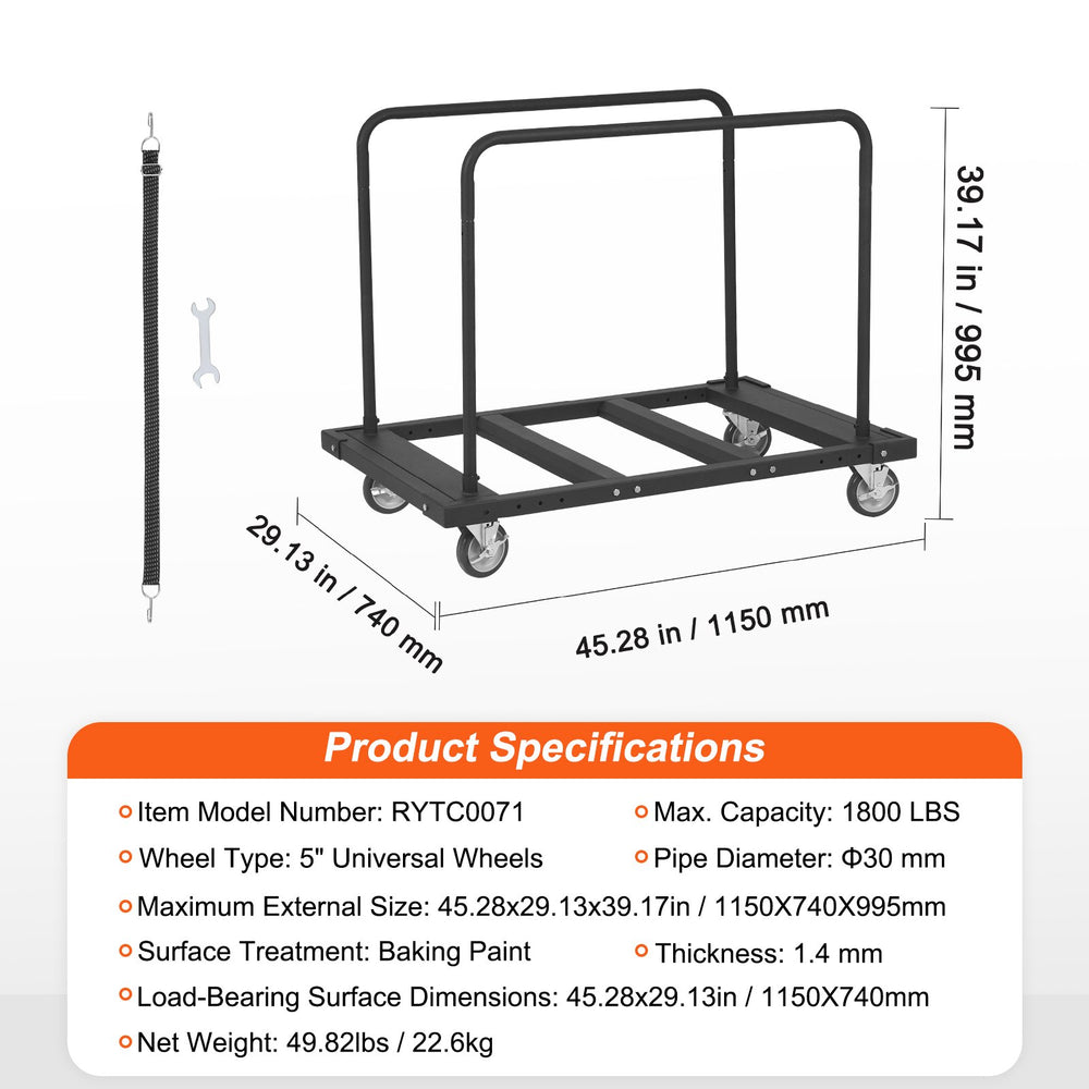 Vevor Drywall Cart Dolly with 45" x 29" Deck and Swivel Wheels 1800 Lbs Capacity New