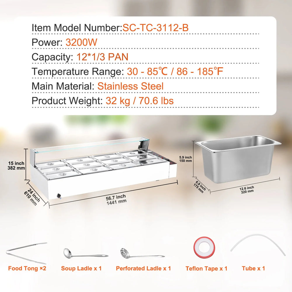 Vevor Food Warmer 12-Pan Electric Steam Table 86-185°F Temp Control 3200W New