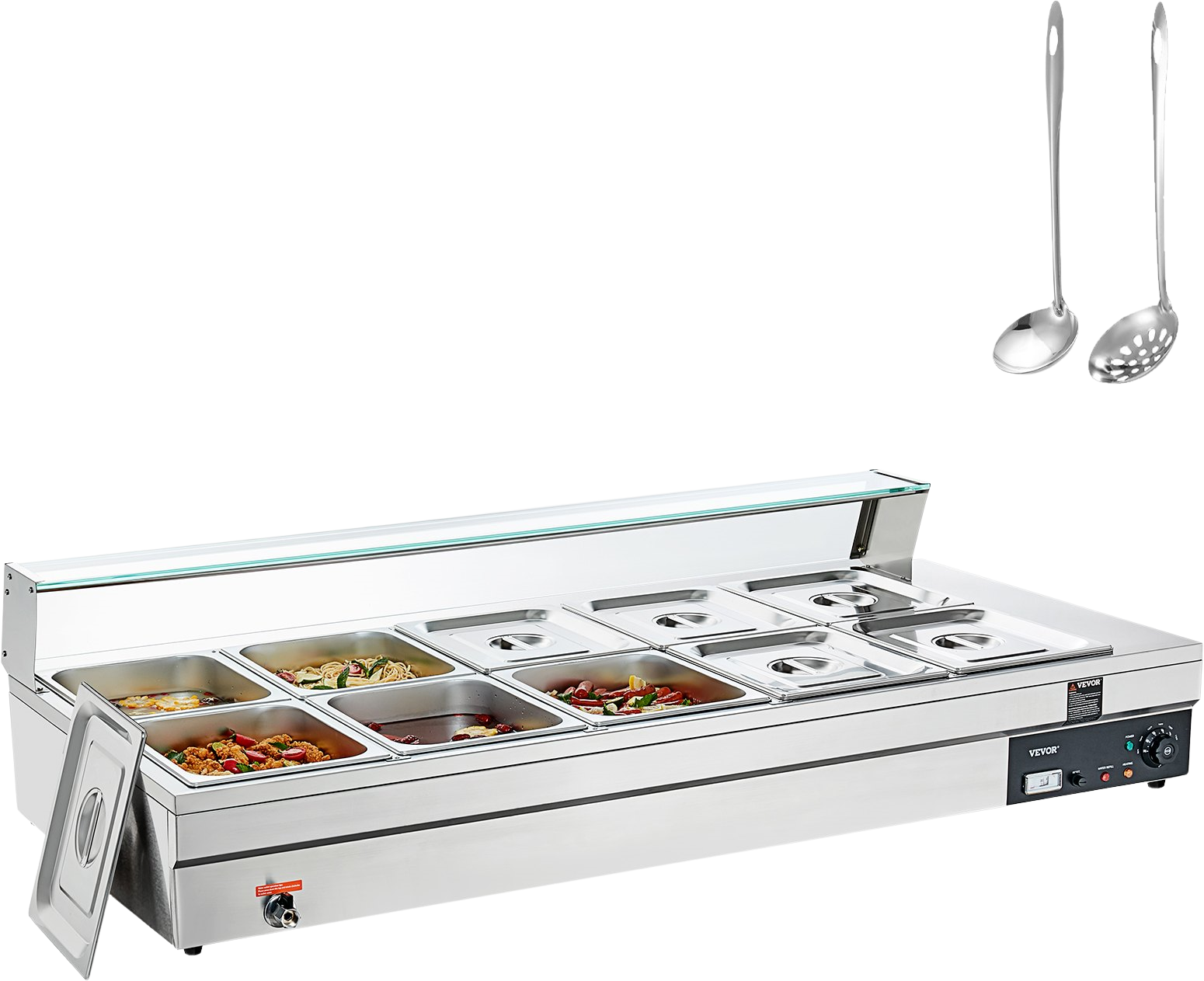 Vevor Food Warmer 10-Pan with Glass Shield 1800W Electric Steam Table 86°F-185°F Temperature New