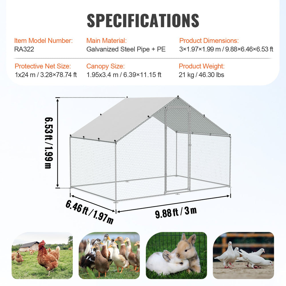 Vevor Metal Chicken Coop 9.8' x 6.5' x 6.5' Spire Roof with Waterproof Cover New