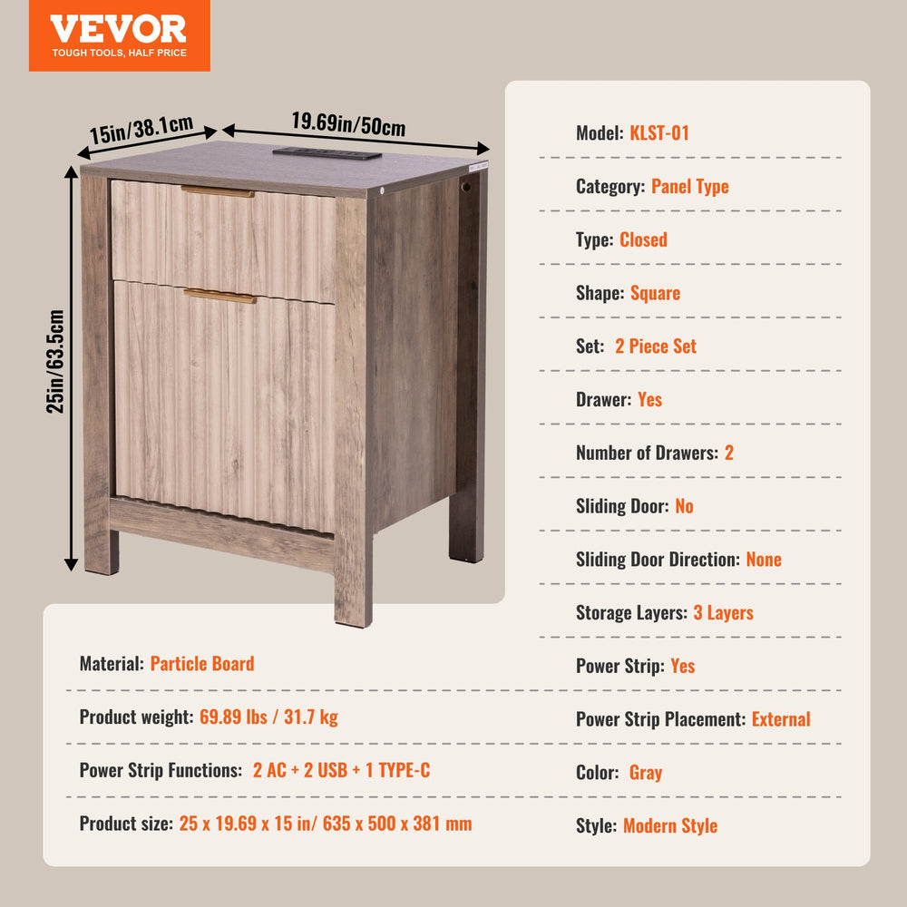 Vevor Farmhouse End Table Night Stand with USB Ports and Outlets Set of 2 New