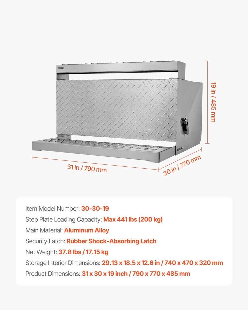 Vevor Semi-Truck Step Tool Box 31 x 30 x 19 in. Aluminum Diamond Plate New