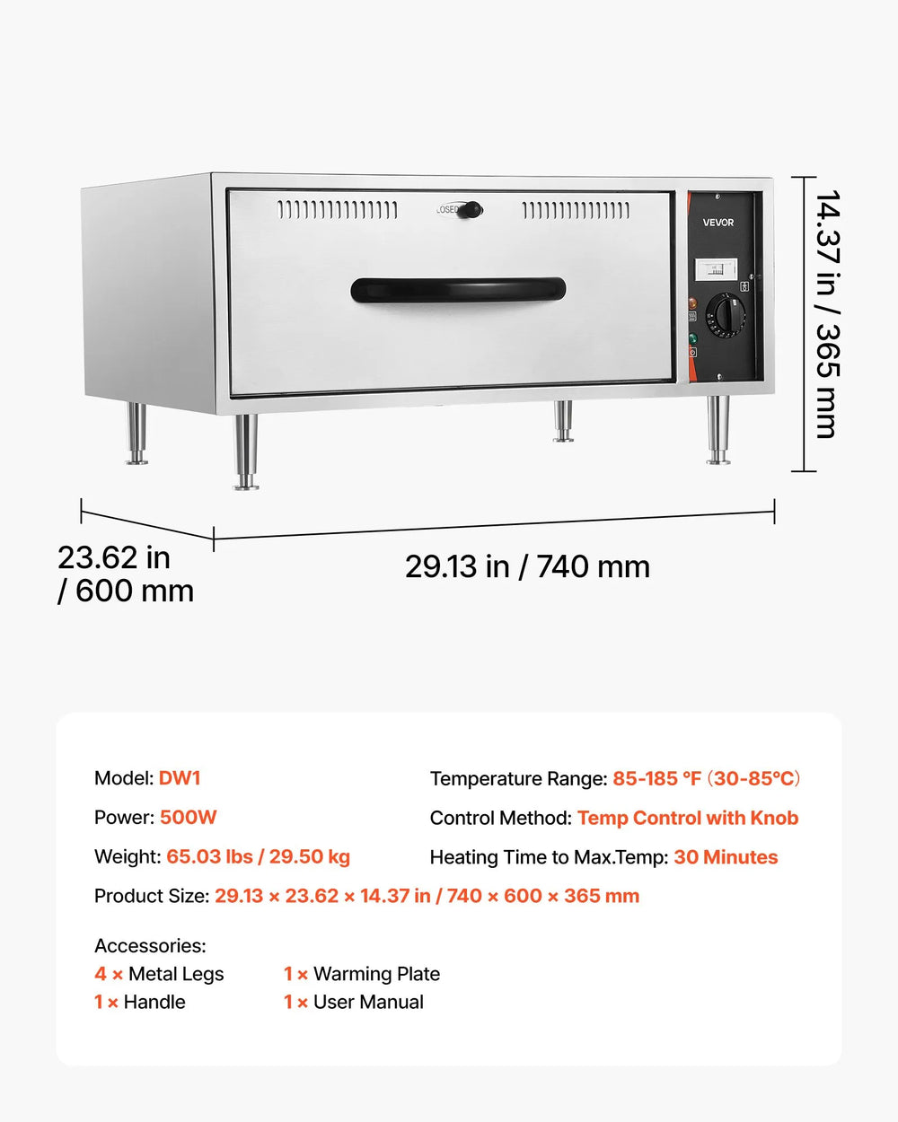 Vevor Electric Drawer Warmer Stainless Steel Freestanding 85-185°F 500W New