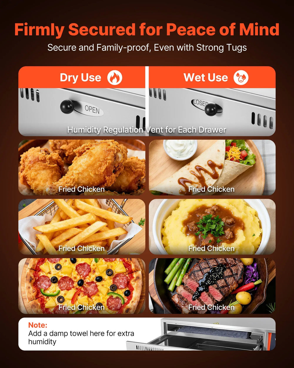 Vevor Electric Food Warmer 3 Drawer Freestanding Cabinet 85-185°F 1500W New