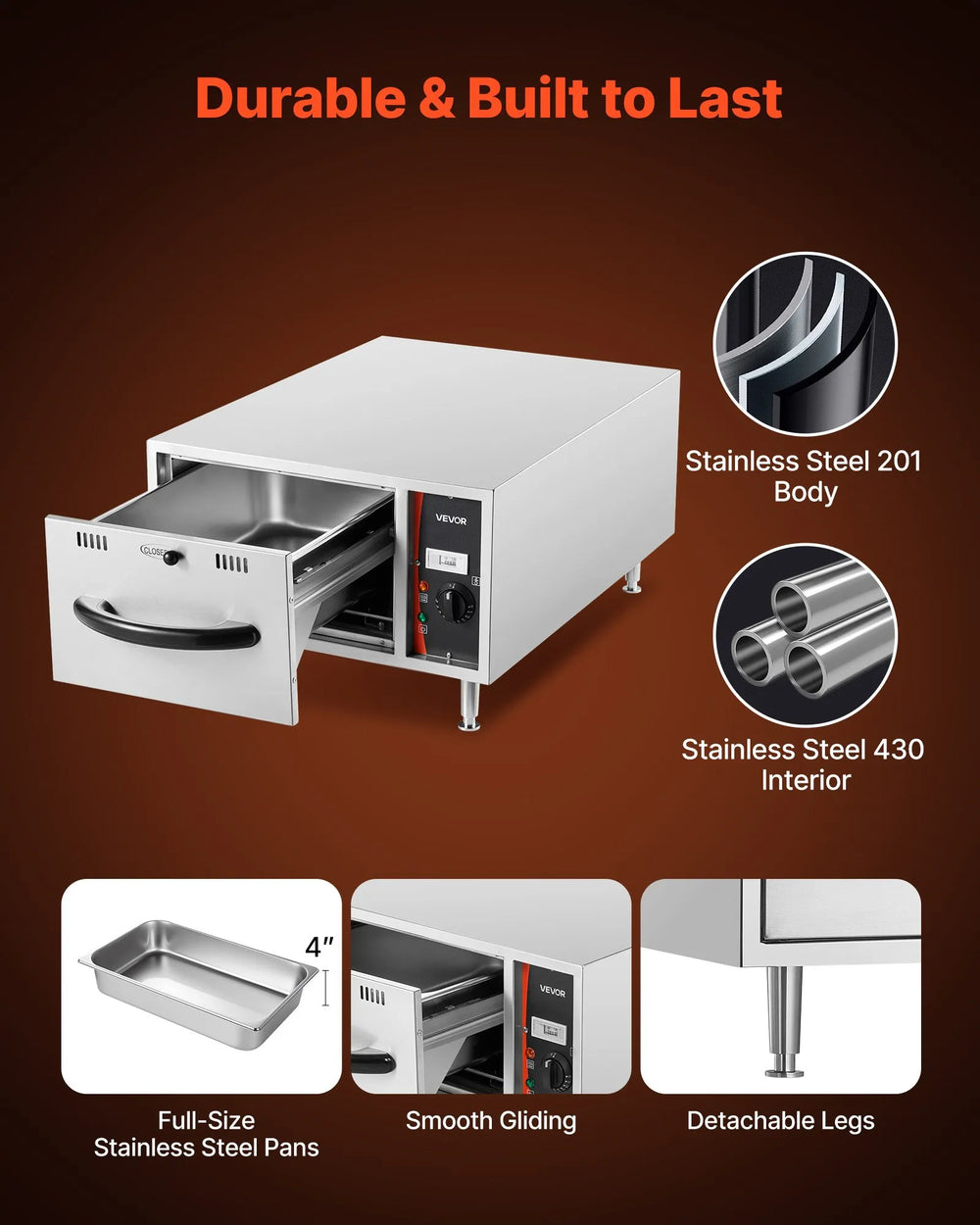 Vevor Electric Drawer Warmer Stainless Steel Narrow Freestanding 85-185°F 500W New