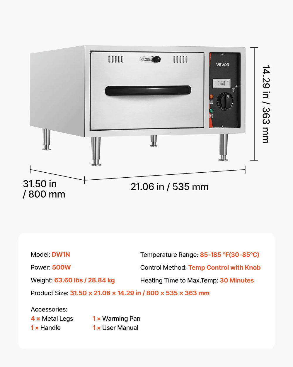 Vevor Electric Drawer Warmer Stainless Steel Narrow Freestanding 85-185°F 500W New