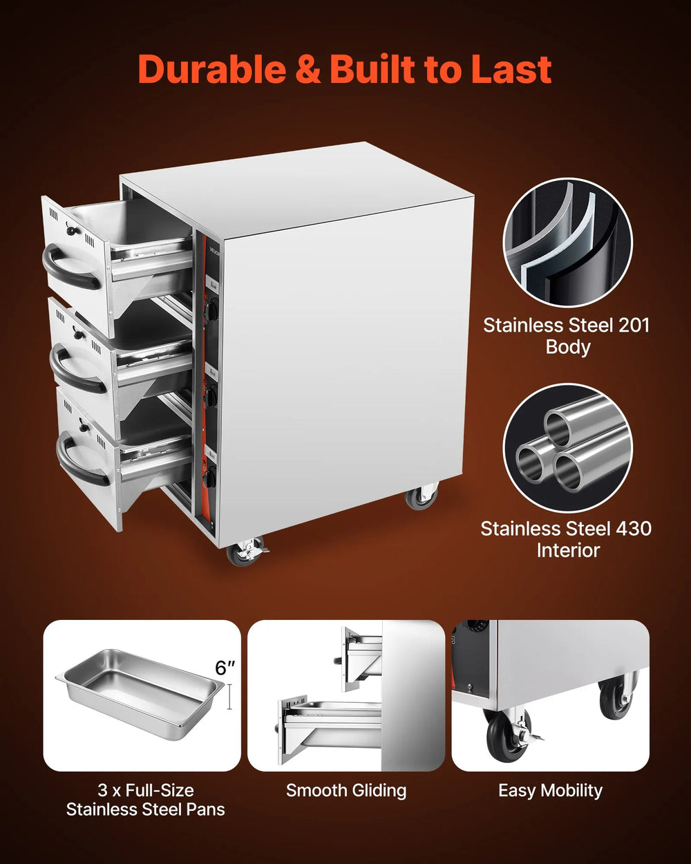 Vevor Electric Food Warmer 3 Drawer Narrow Cabinet 85-185°F 1500W New
