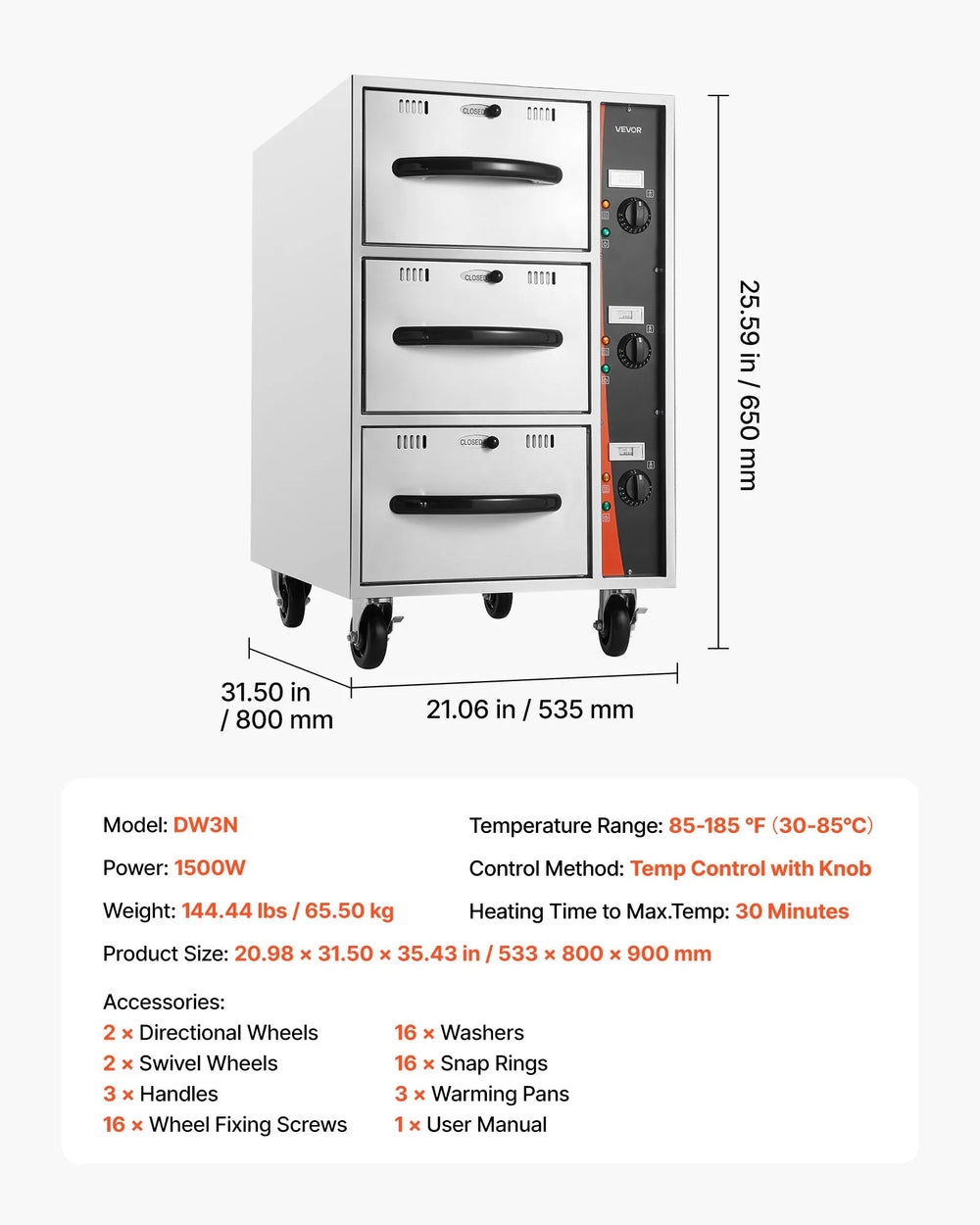 Vevor Electric Food Warmer 3 Drawer Narrow Cabinet 85-185°F 1500W New