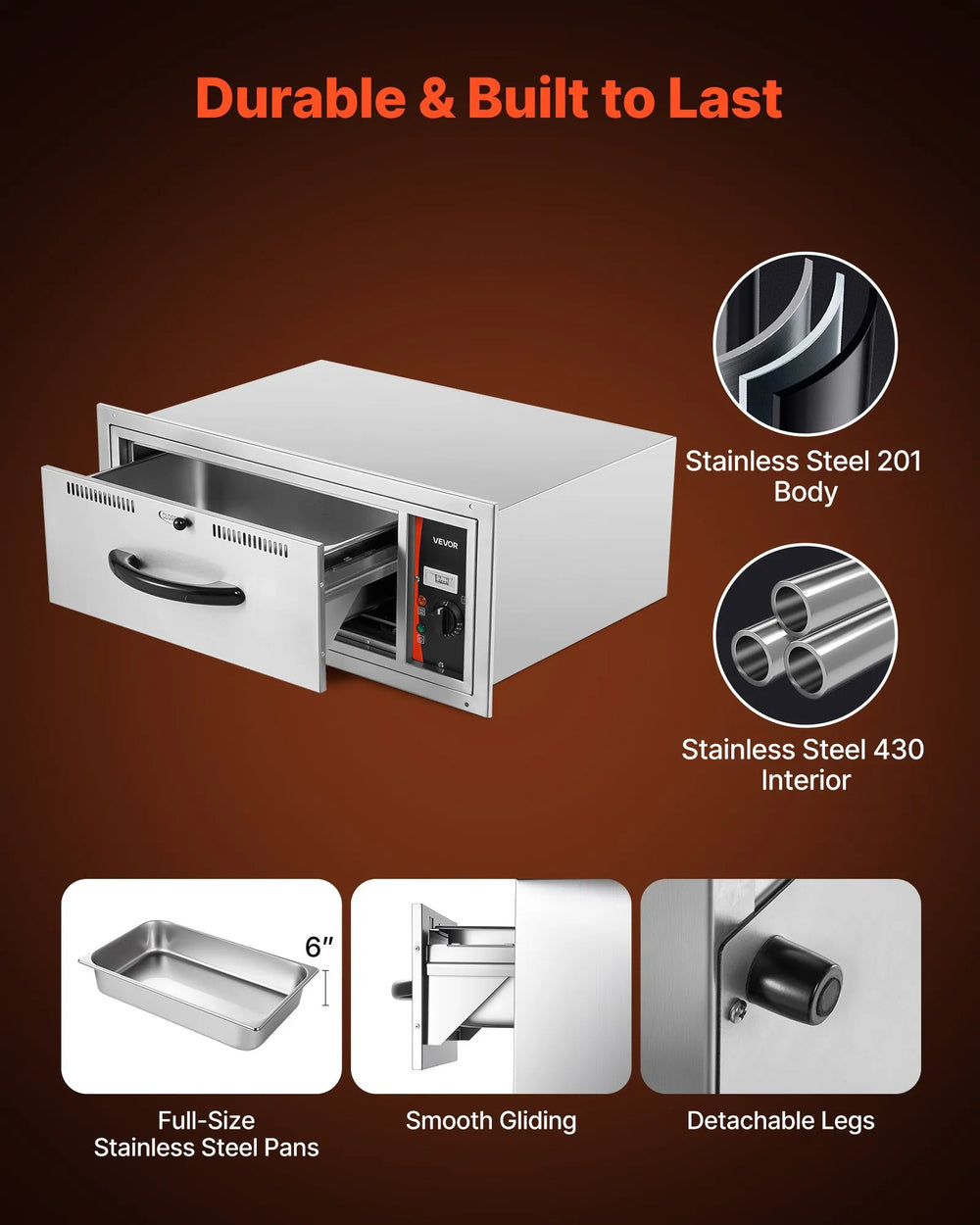 Vevor Electric Drawer Warmer Stainless Steel 85-185°F 500W Built-in Installation New