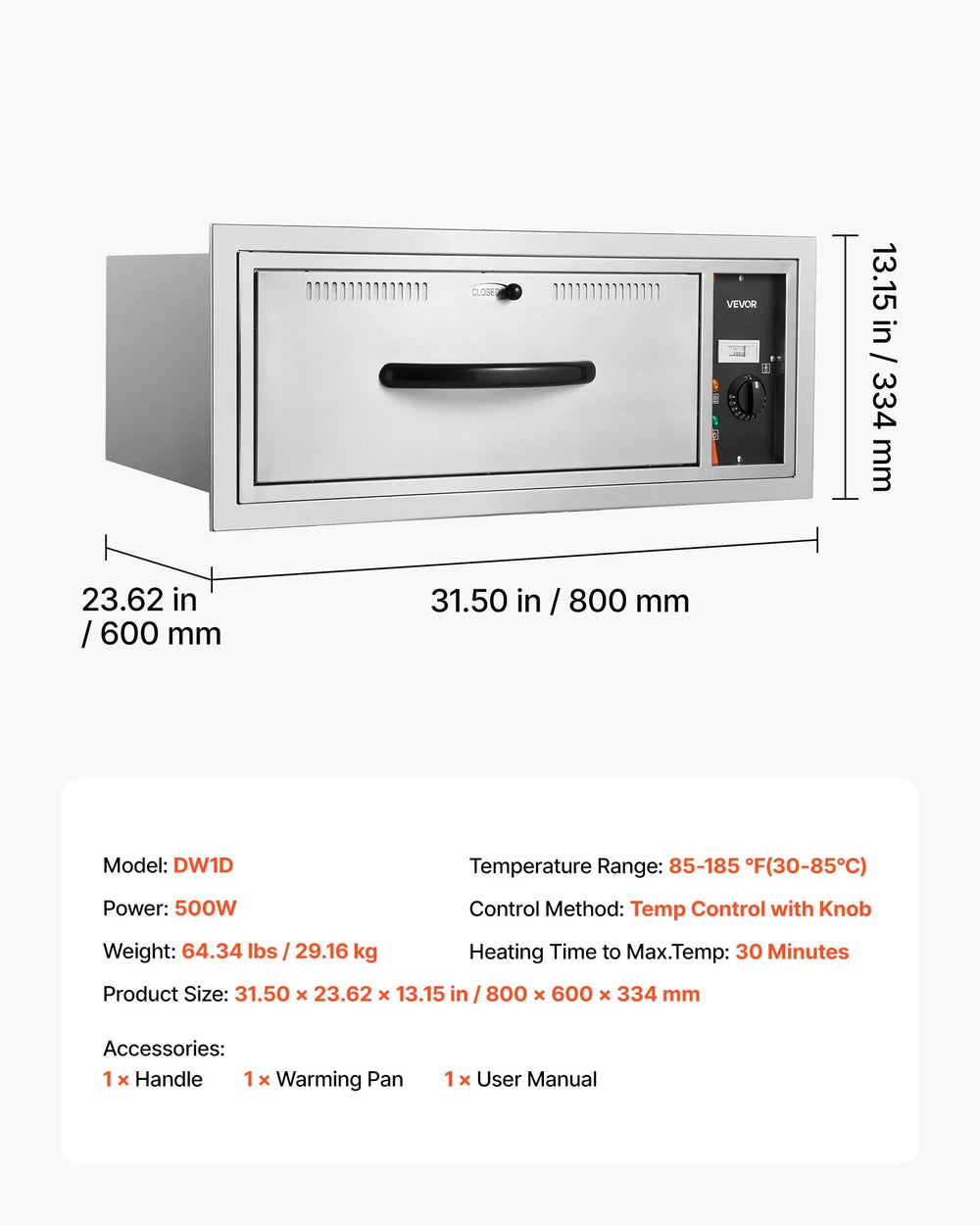 Vevor Electric Drawer Warmer Stainless Steel 85-185°F 500W Built-in Installation New