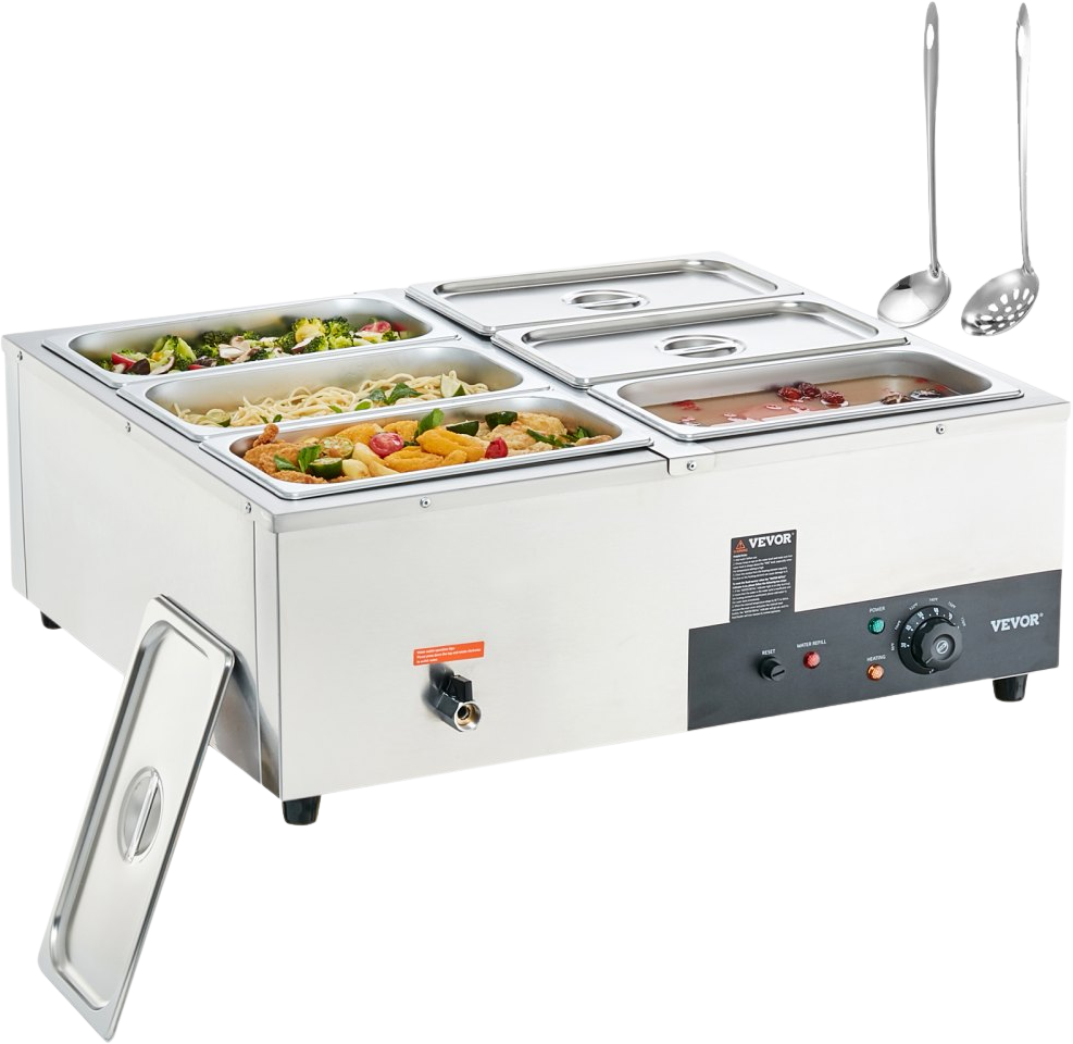 Vevor Food Warmer 6 Pan 8 Qt. for Countertop 1200W Electric Steam Table Stainless Steel New