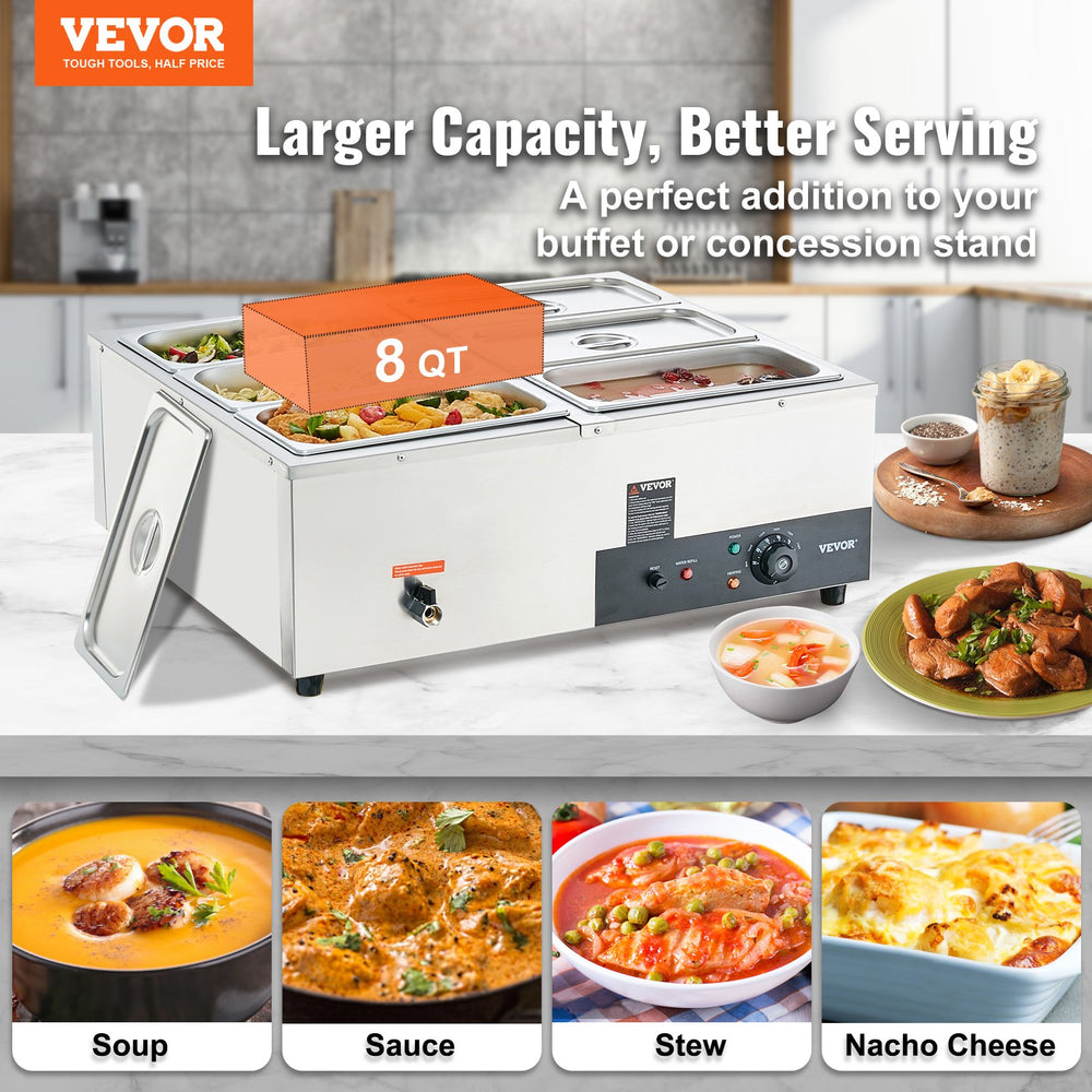 Vevor Food Warmer 6 Pan 8 Qt. for Countertop 1200W Electric Steam Table Stainless Steel New