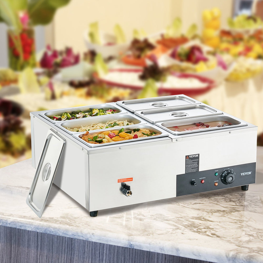 Vevor Food Warmer 6 Pan 8 Qt. for Countertop 1200W Electric Steam Table Stainless Steel New