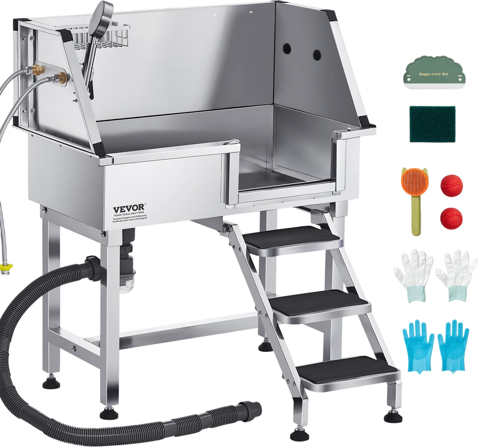 Vevor Pet Grooming Tub 34 in. with Shower Faucet Non-Slip Stairs Stainless Steel New