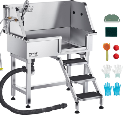 Vevor Pet Grooming Tub 34 in. with Shower Faucet Non-Slip Stairs Stainless Steel New