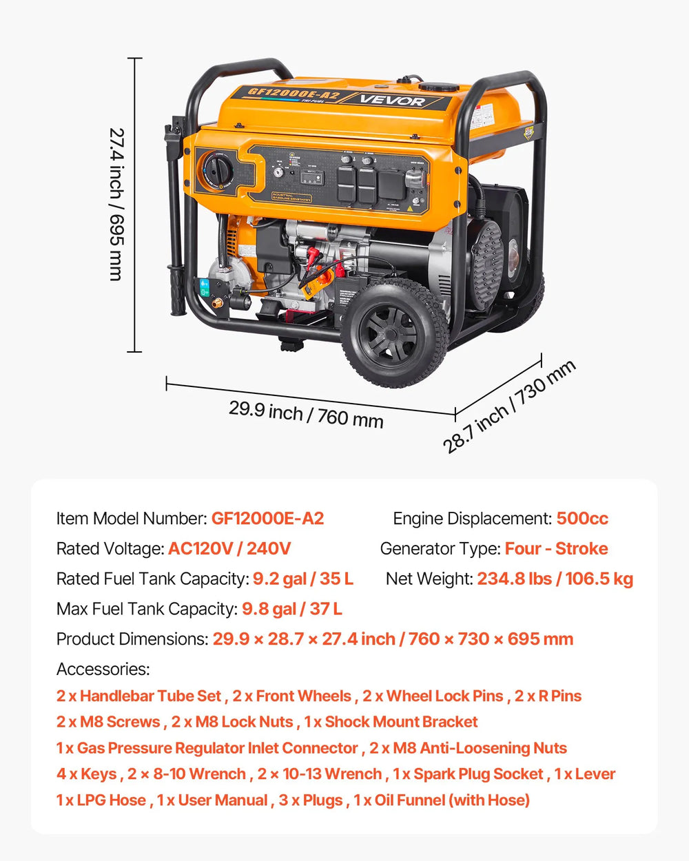 Vevor 9000W/13500W Generator Tri-Fuel Gas Propane Natural Gas 50A 120V/240V Electric Start CO Sensor New