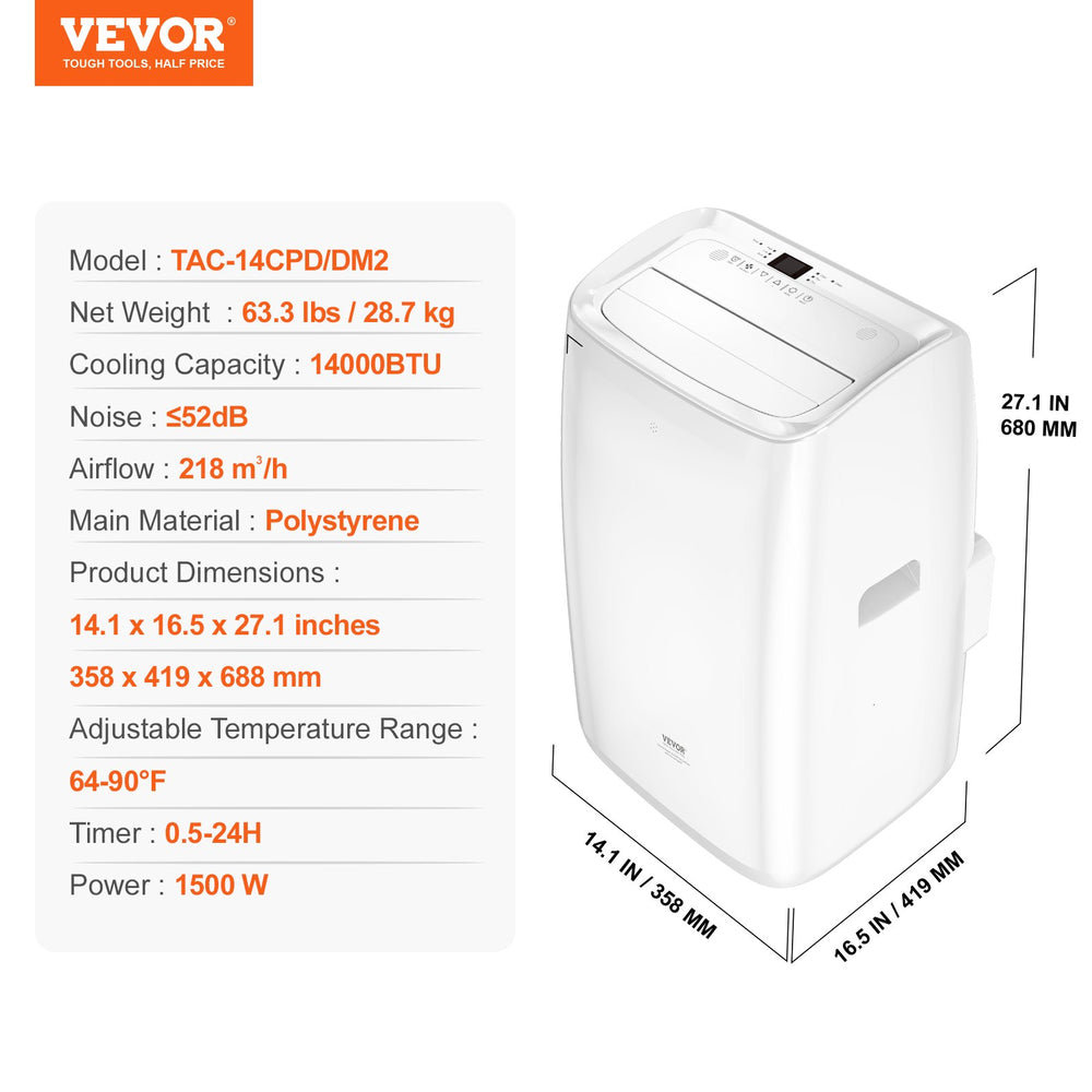 Vevor Portable Air Conditioner 14k BTU 3-in-1 Cool Dehumidifier Fan New