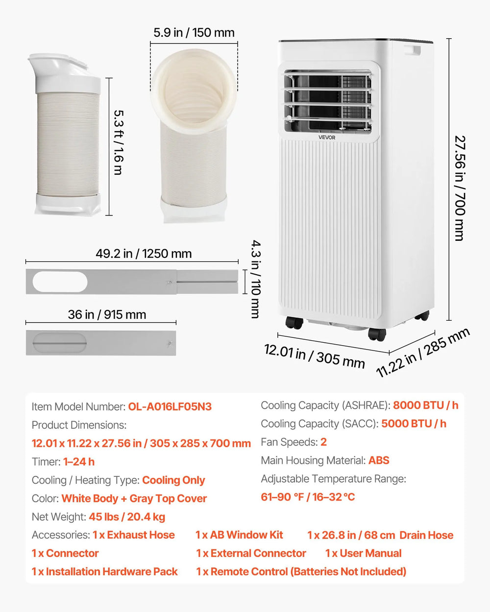 Vevor Portable Air Conditioner 8,000 BTU with LED Touch Panel Remote Control New