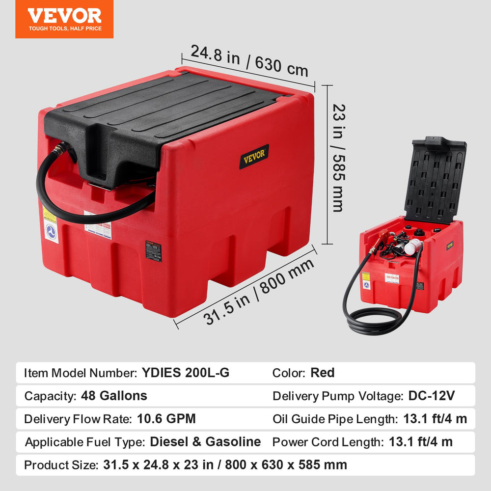 Vevor Diesel & Gasoline Fuel Tank Portable 48 Gallon 10.6 GPM with 12V Electric Transfer Pump New