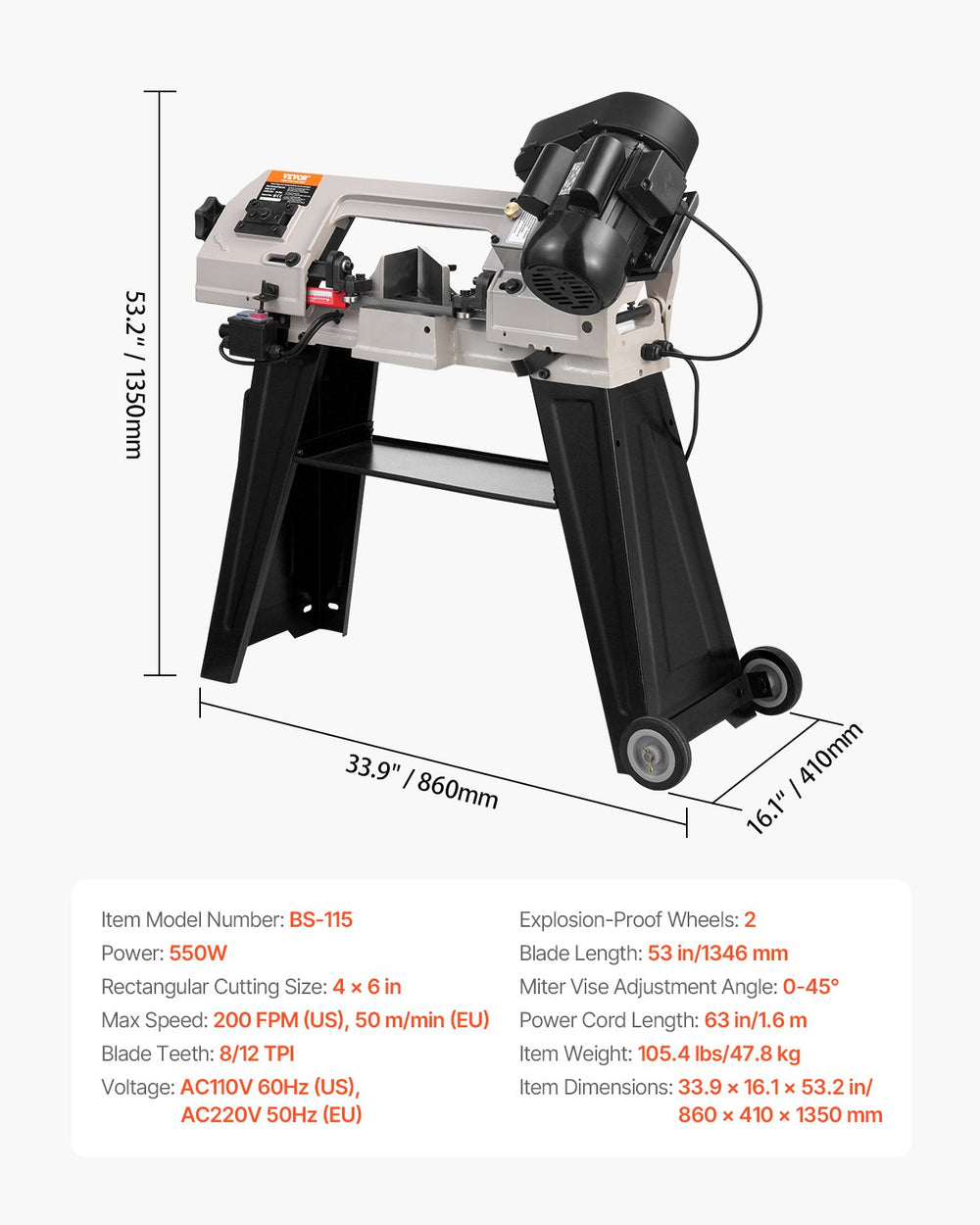 Vevor Metal Band Saw Horizontal & Vertical Cutting 4" x 6" Variable Speed 550W New