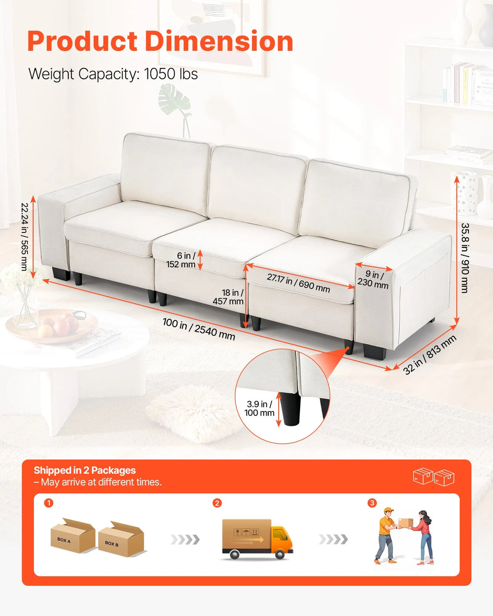 Vevor Modular Sofa 3-Seater 100" with Hidden Storage New