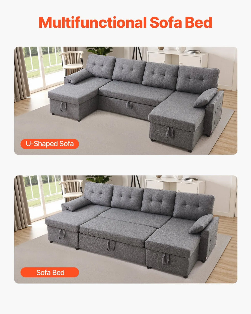 Vevor Sofa Bed U-Shaped 6-Seat Pull Out Sleeper Couch New
